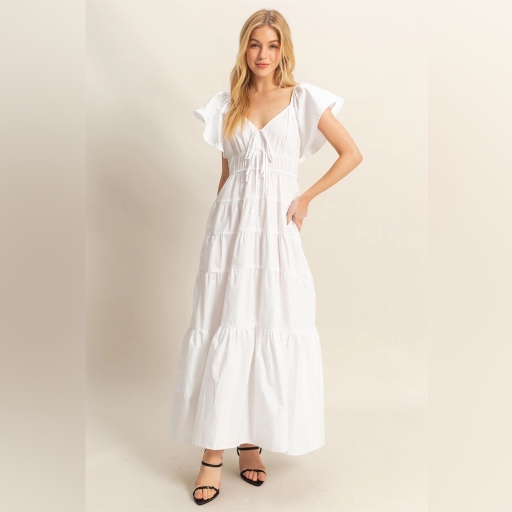 NEW HYFVE White Flutter Sleeve Tiered Cotton Maxi Dress Size Small - Picture 5 of 7